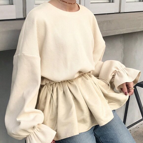 Tops - Black Casual Women's Contrast Patchwork Drawstring Waist Long Sleeve T-Shirt